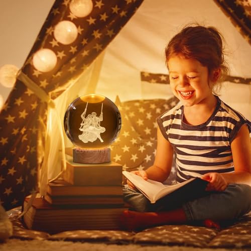Image of COVACURE 3D Crystal Ball Night Lamp, Crystal Ball Night Light with USB, LED Wooden Base Table Lamp for Bedroom Home Office Decoration Birthday Gift for Boys and Girls (Radha Krishna Swing Ball)