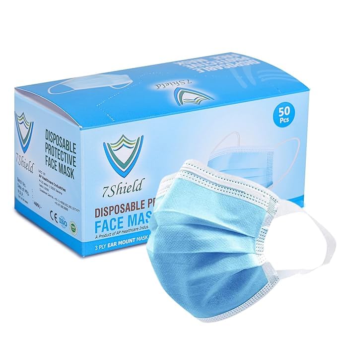 7Shield Disposable 3Ply Face Mask - Ultra Soft Fabric Wide Ear Loop, Comfortable, Inbuilt Plastic Coated Nose Pin, CE and ISO Certified, Convenient Box Pack