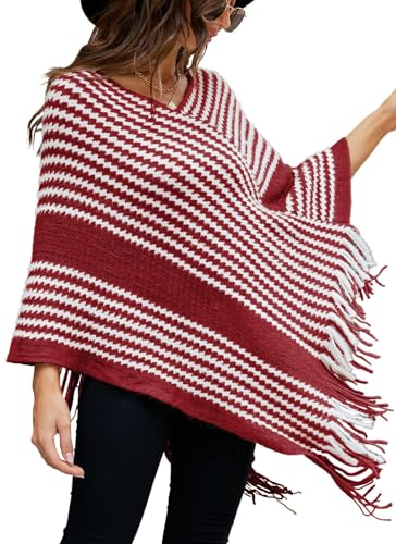 NLAND Poncho con Borla para Mujer Poncho y Capas de Punto de Mujer Ponchos de Frente Abierto Invierno (Vino, Talla única)