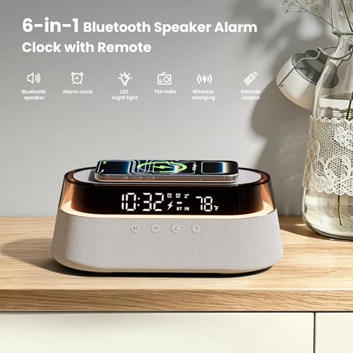 Image of 6-in-1 Bluetooth Speaker Alarm Clock with Remote, 15W Fast Wireless Charger, FM Radio & Dimmable LED Night Light, Dual Digital Clock for Bedroom Home Office, Ideal Gifts for Him, Men Women