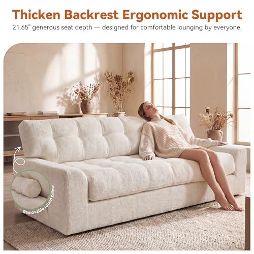 Image of MONVANE 75.6 inch Convertible 3‑in‑1 Chenille Boneless 3 Seater Sofa, Beige