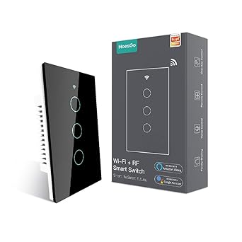 MoesGo WiFi Smart Touch Wall Switch with Multi-Control Association?3 Way?,Relay Status optional,Backlight On/Off,Used with Smart Life/Tuya App,RF433 Remote Control,Alexa and Google Home Black(3 gang)
