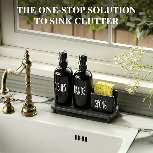Image of Cisily Black Soap Dispenser Set with Ceramics Sponge Holder, Kitchen Decor | Black Stainless Steel Pumps, Instant Dry Tray