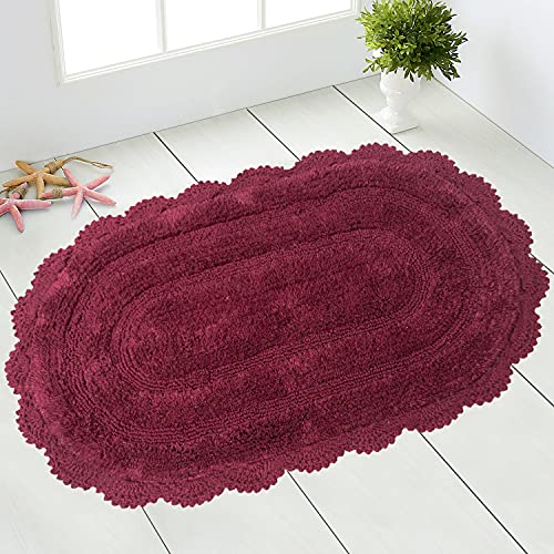 Chardin home Burgundy Crochet Bathrug 100% Cotton Oval bathmat with artisanally Handcrafted Crochet Border 21x34 Inch Medium Rug Perfect for Half Baths Powder Rooms bathrooms
