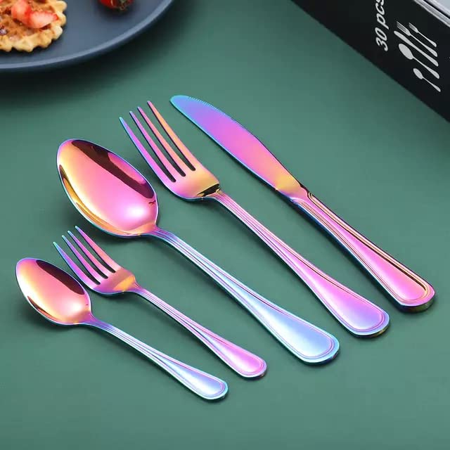 Image of aDai Combo Set of 40 Premium Rainbow Cutlery - Stainless Steel Luxury Dinnerware Tableware - Round Edge Serving Spoon Fork Knife - Reusable Mirror Finish for Home Kitchen Dining Table and Gift