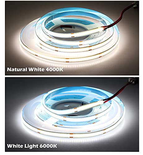 Image of DC 12V /24V 5MM Width PCB Premium High Brightness COB LED Strip Flexible High Density Chips CRI 90+ UHB Warm Natural White Light 5M (White Light 6000K, DC 12V)