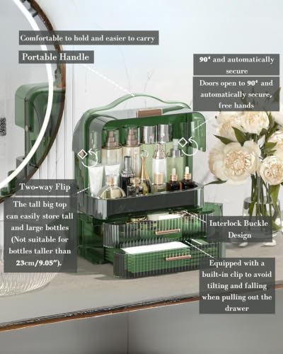 Image of LINFIDITE Cosmetics Storage Box Transparent Lid Large Makeup Organizer Box Drawers Portable Handle Waterproof Dustproof Skincare Display Cases for Countertop, Bathroom, Dresser,Gift Clear Green