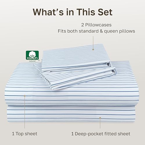 Image of California Design Den Printed Striped Bed Sheets Full Size Set - 600 Thread Count, 100% Cotton Sateen, Premium Deep Pocket Full Sheet Set - Classic Blue Stripe Print