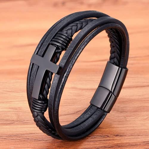 Multi-Layer Braided Leather Bracelets With Magnetic Clasp Mens Cuff Bracelets For Men Genuine Leather Bracelet Religious Leather Bracelets Decorate Gift (Black, 8.3 Inches) #TOP3