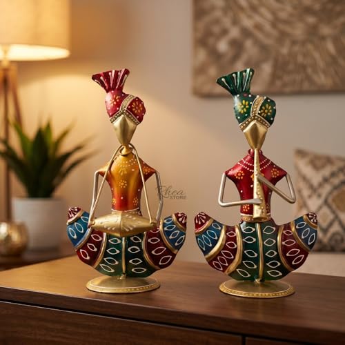 Image of Sitting Sardar Set of 2 Golden Handcrafted Rajasthani Musician Figurines, Traditional Metal Table Decor Showpiece for Office Desk, Corporate Bulk Gifting (2x10x16 cm)