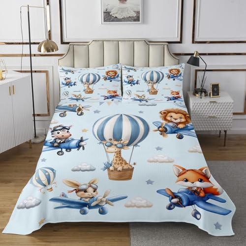 Manfei Cute Animals Kids Bedspread Twin Size,Kawaii Lion Fox Giraffe Zebra Rabbit Coverlet Set,Boys Girls Room Decor,Stars Airplane Hot Air Balloon Quilted Coverlet,Blue Bedding Quilt,1 Pillowcase