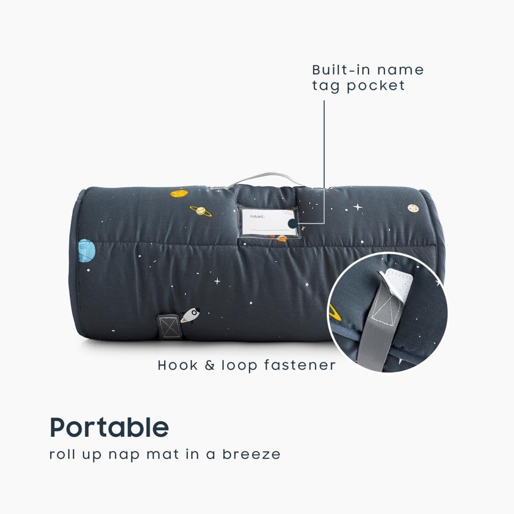 Wake In Cloud - Toddler Nap Mat with Pillow and Blanket, 100% Cotton Fabric, for Kids Boys Ages 3 Plus in Daycare Kindergarten Preschool, Roll Up Sleeping Bag, Galaxy Spaces - Image 3