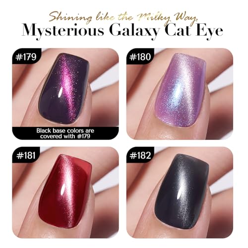 Image of AZUREBEAUTY Cat Eye Nail Polish Set Quick Dry Mooncat Glitter Holographic Purple Black Red 4 Colors Natural Fingernail with Top Coat DIY Salon Home no Gel