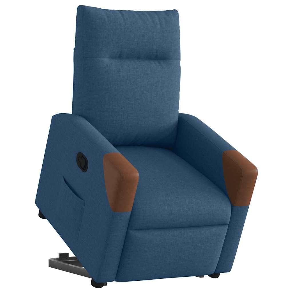 Poltrona relax elettrica con rivestimento in tessuto blu, schienale regolabile fino a 135 gradi, robusta struttura in legno e metallo, comoda poltrona imbottita per soggiorno e angolo lettura