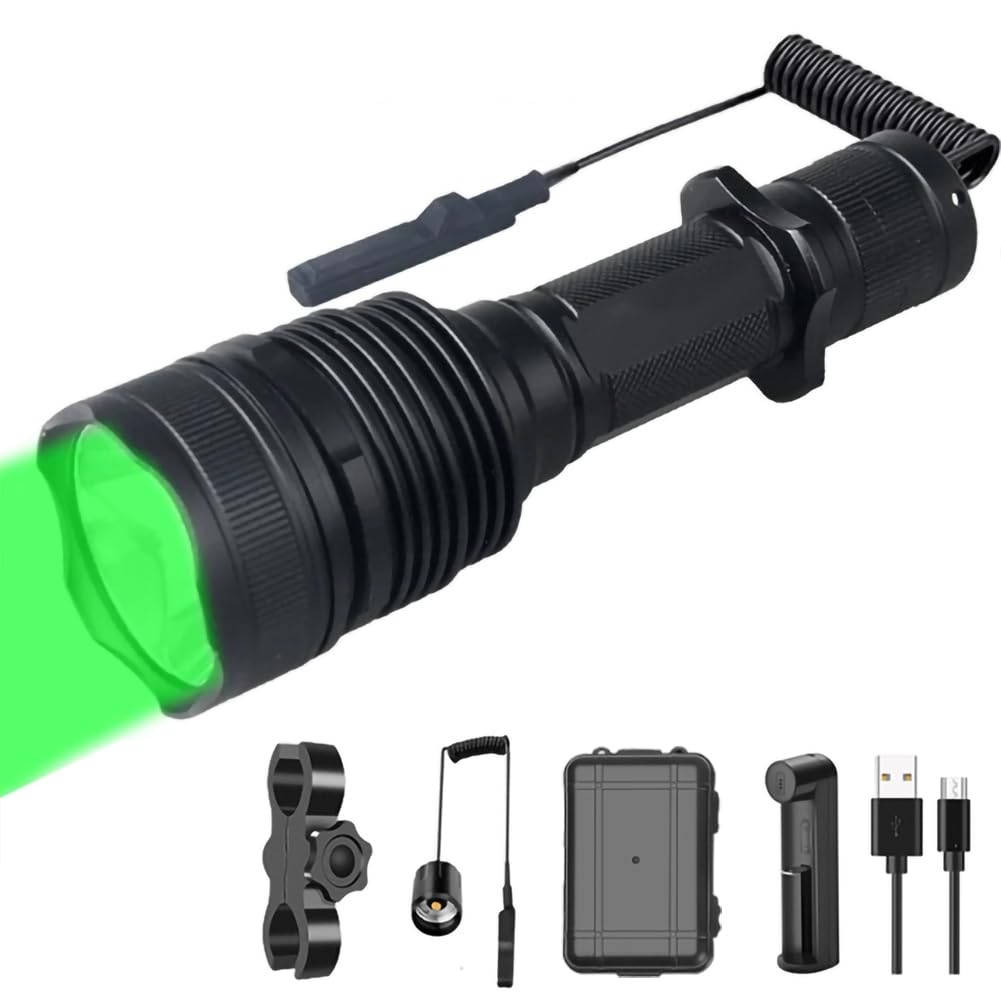 WINDFIRE Green Hunting Light LED Tactical Flashlight 300 Yards Spotlight Predator Lights Hog Coyote Fox Varmint Single Mode Flashlights Kit with Scope Mount, Remote Pressure Switch