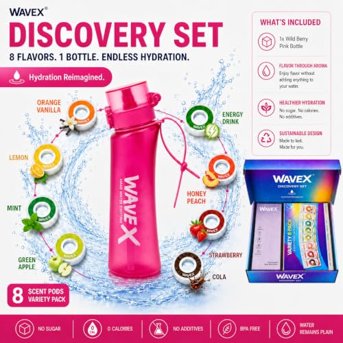 Image of Wavex Scented Water Bottle + 8 Aroma Scent Pods (Cola, Strawberry, Honey Peach, Energy Drink, Green Apple, Mint, Lemon, Orange Vanilla), Flip Top Lid, Straw & Carry Strap Included (Wild Berry Pink)