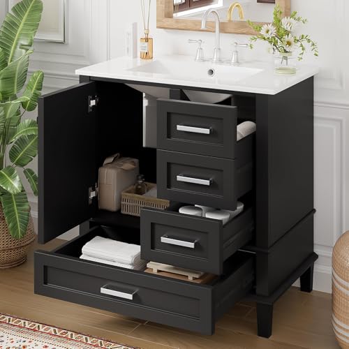 Mirightone 30' Bathroom Vanity with Sink, Bathroom Vanities 30 Inch with Top, Single Sink Bathroom Vanity with 3 Drawers and 1 Soft Closing Door, 30 Restroom Vanity with Cuntertop Sink (Black)