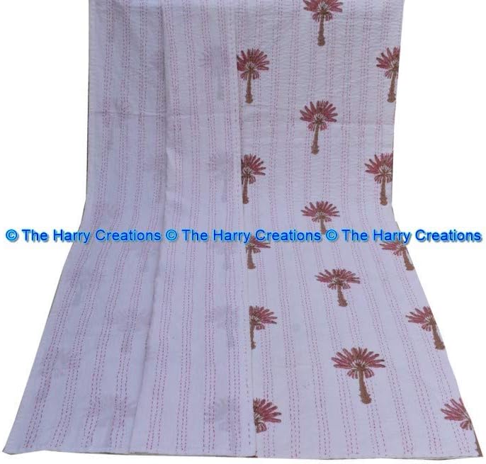The Harry Creations Cotton Ethnic Bohemian Throw Bedding Sheet Indian Cover Blanket Bed Kantha Bed Queen Hippie Handmade Palm Tree Bedspread Reversible Kantha Cotton Quilt (Pink, King 90" x 108")