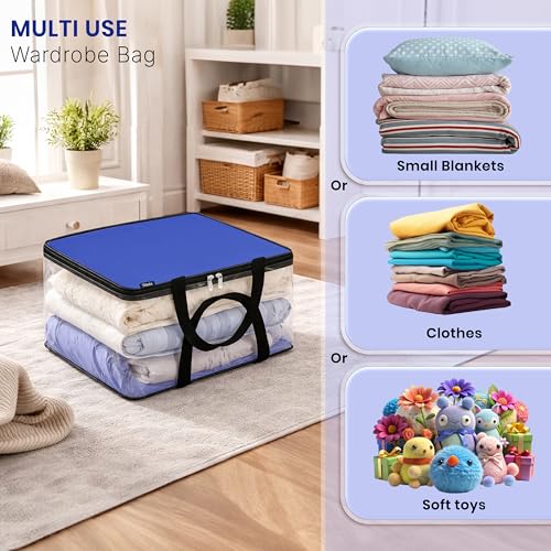 Image of Storite Nylon Wardrobe Bag Underbed Moisture Proof Cloth Storage Organizer, Storage box for Clothes Saree Bags with Zippered Closure & Handle Square - (37x34 x23 cm,Blue)