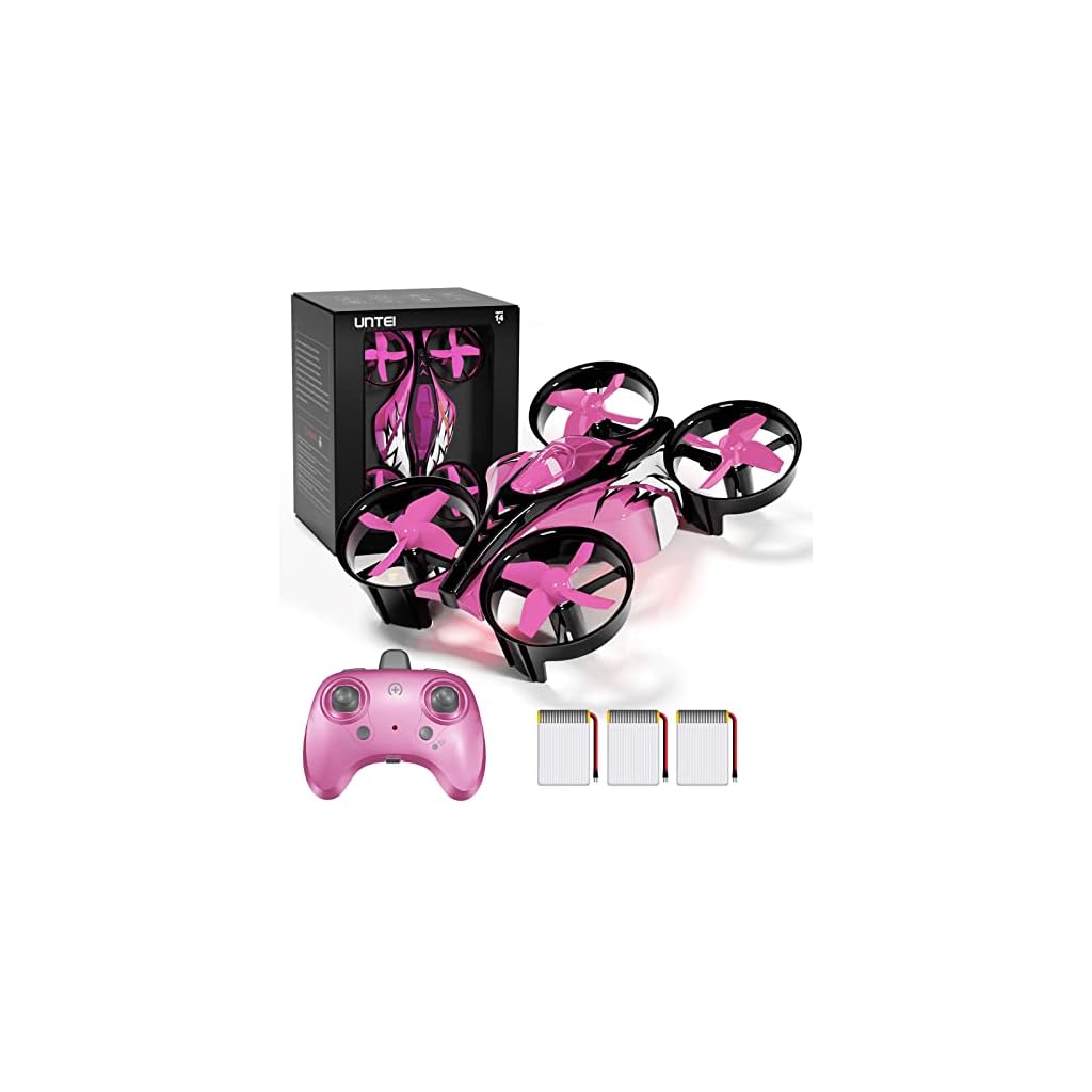 UNTEI-2-In-1-Mini-Drone-for-Kids-Remote-Control-Drone-with-Land-Mode-or-Fly-Mode-LED-LightsAuto-Hovering-3D-FlipHeadless-Mode-and-3-BatteriesToys-Gifts-for-Boys-Girls-Harbor-Pink