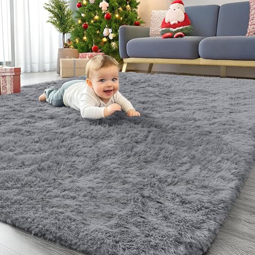 Homaxy Alfombra de Pelo Largo, Antideslizante, Parte Inferior Lavable, Alfombra Grande para salón, habitación de los niños, Dormitorio - 160 x 220 cm, Gris