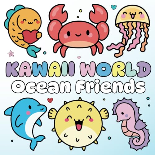 Kawaii World 'Ocean Friends' | Libro da Colorare | 40 illustrazioni cute & easy di animali del mare