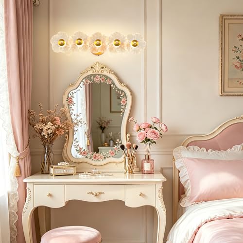 Image of 26.7 inch Gold Bathroom Light Fixtures 5 Light Floral Vanity Lights, 3-Color Dimmable Bathroom Vanity Light Elegant Led Wall Lights Cordless Wall Sconces for Decor,Bathroom,Livingroom