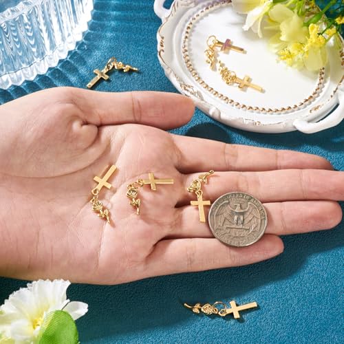 Image of 10Pcs 18K Gold Plated Cross Charms Brass Golden Crucifix with Rose Flower Pendants Permant Metal Jewelry Charms with Jump Ring for DIY Bracelet Necklace Earring Jewelry Making