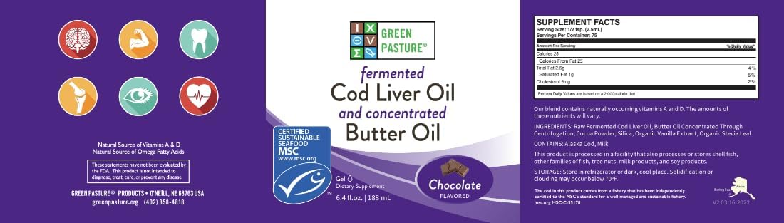 Green Pasture Butter Oil/Fermented Cod Liver Oil Blended Gel - 6.4 oz.- (Chocolate)