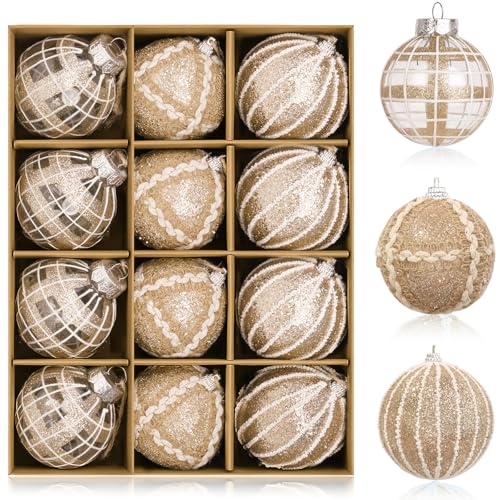Sunshine Decor Christmas Ornaments Set 12PCS Rustic Farmhouse Neutral Christmas Ornaments, 3.15' Shatterproof Large Balls Hanging for Xmas Tree, Party Holiday