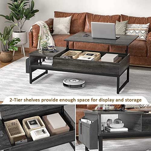Aheaplus Lift Top Coffee Table With Storage, Wood Lifting Top Central Table Metal Frame, 43.3" Lift Tabletop Tea Table With Side Pouch, Cocktail Table Modern Pop Up Adjustable Table For Living Room #TOP2