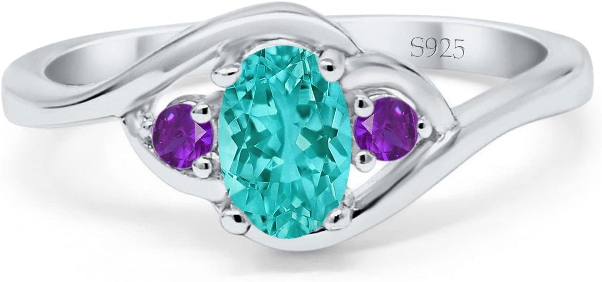 Blue Apple Co. Three Stone Engagement Ring Oval Cut Round Simulated Amethyst Cubic Zirconia 925 Sterling Silver