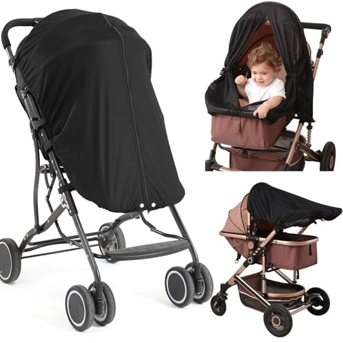 Cispree Kinderwagen-Sonnenschutz, 99 % UV-Blockierung + UPF 50+, atmungsaktiv und verdunkelnd, Reißverschlussfenster, besser als Netz, silberfarbenes Netz + PES-Gewebe, universell für Kinderwagen