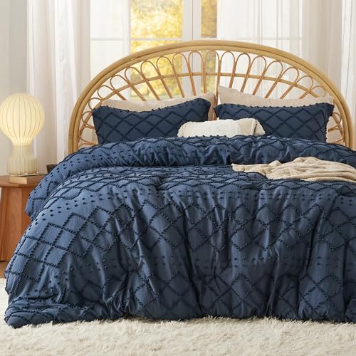 Image of Bedsure Oversized King Comforter Set - Navy Blue Comforter, Boho Tufted Distressed Vintage Bedding, 3 Pieces Farmhouse-Style Bed Set for All Seasons, Fluffy Soft Bedding with 2 Pillow Shams
