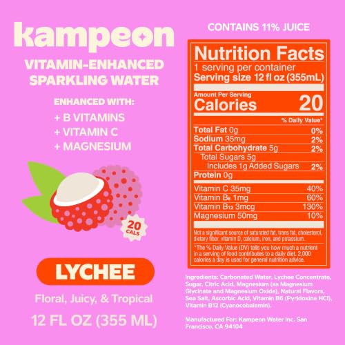 Image of Kampeon Lychee Filipino-inspired sparkling water - 12oz Cans | Filipino Tropical Soda Alternative with Lychee Juice, Vitamin C, Magnesium & B6 B12 | Lightly Sweet, No Artificial Sweeteners, Caffeine-Free (Pack of 12)