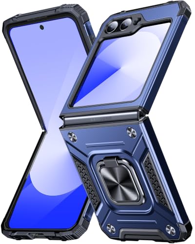 Anqrp Heavy Duty Case for Samsung Galaxy Z Flip 6 Case with Enhanced Ring Holder Grip Stand, Military Grade Shockproof Rugged Drop Protective Silicone Hard Samsung Flip 6 Case Cover,Blue