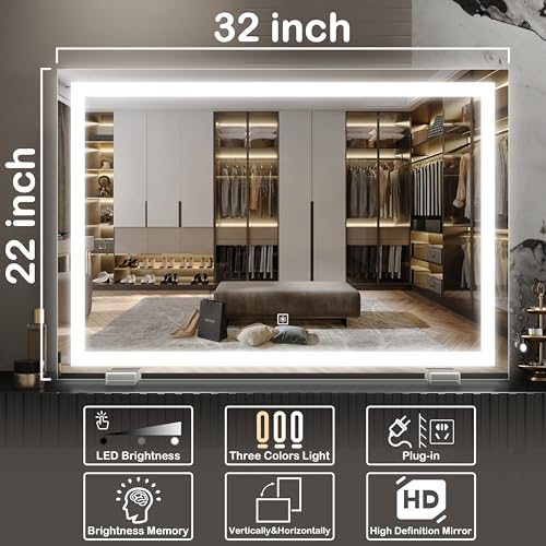 FENNIO Makeup Mirror with Lights 23"x32" ,LED Makeup Mirror ,Large Vanity Mirror with Lights,Touch Sensor with Dimmable 3 Modes, Square White