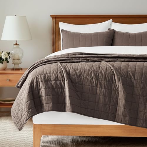 EVERGRACEHOME 100% Cotton Box Stitch Quilt Bedding Set Queen Size 3 Pieces Garment-Washed Lightweight Soft Cozy Coverlet Quilted Bedspread Sets with 2 Shams for All Season Cocoa Brown