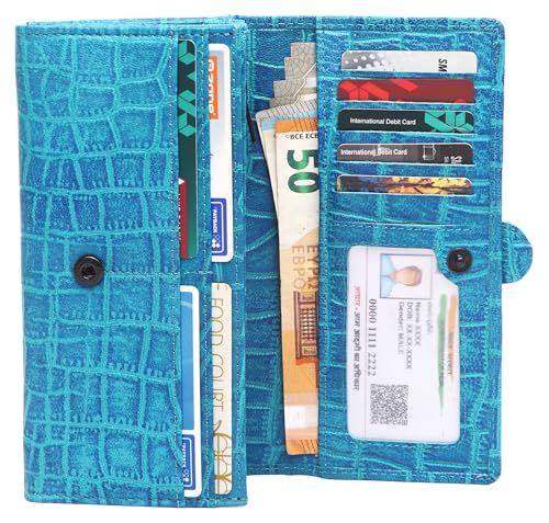 Image of WildHorn Women's Genuine Leather RFID Blocking Wallet | Tri-Fold High-Capacity Ladies Purse with Card Slots, Zipper Coin Pocket & Snap Closure | Ideal Gift for Women (Aqua)