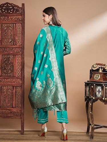 Image of VredeVogel Women's Cotton Silk Jacquard, Banarasi Silk Kurta Pant With Dupatta Set