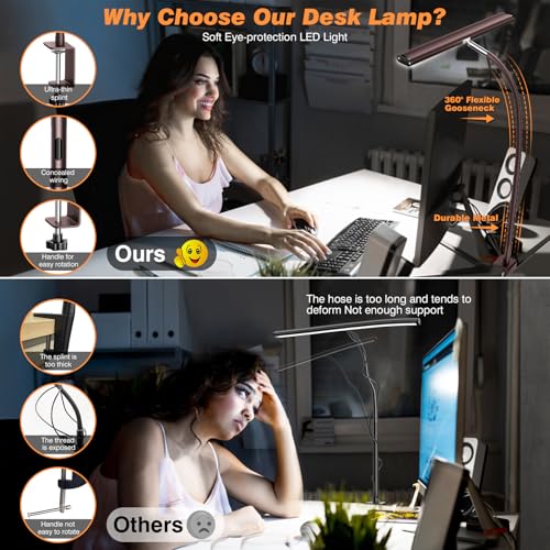 Image of Airlonv LED Desk Lamp for Office Home, Eye-Caring Desk Light with Stepless Dimming Adjustable Flexible Gooseneck, 10W USB Adapter Desk Lamp with Clamp for Reading, Study, Workbench (Brown)