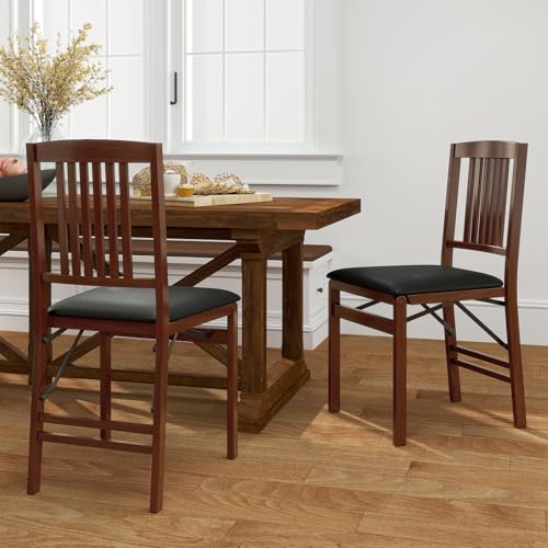 Image of COSTWAY Folding Dining Chairs Set of 2, Wooden Kitchen Side Chairs w /Padded Seat, Solid Wood Frame, 400 LBS Load Bearing, No Assembly Needed, Vintage Foldable Chairs for Dining Room, Living Room
