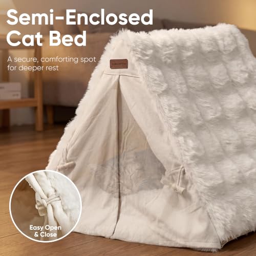FUKUMARU Cat Cave Bed, Sturdy Frame Washable Cat Tent Bed with Curtain | Semi-Enclosed Cat Hideaway for Anxious Cats, Large Cozy Cat House for Indoor Cats, Soft Plush Covered Dog Bed, Cream - Image 3
