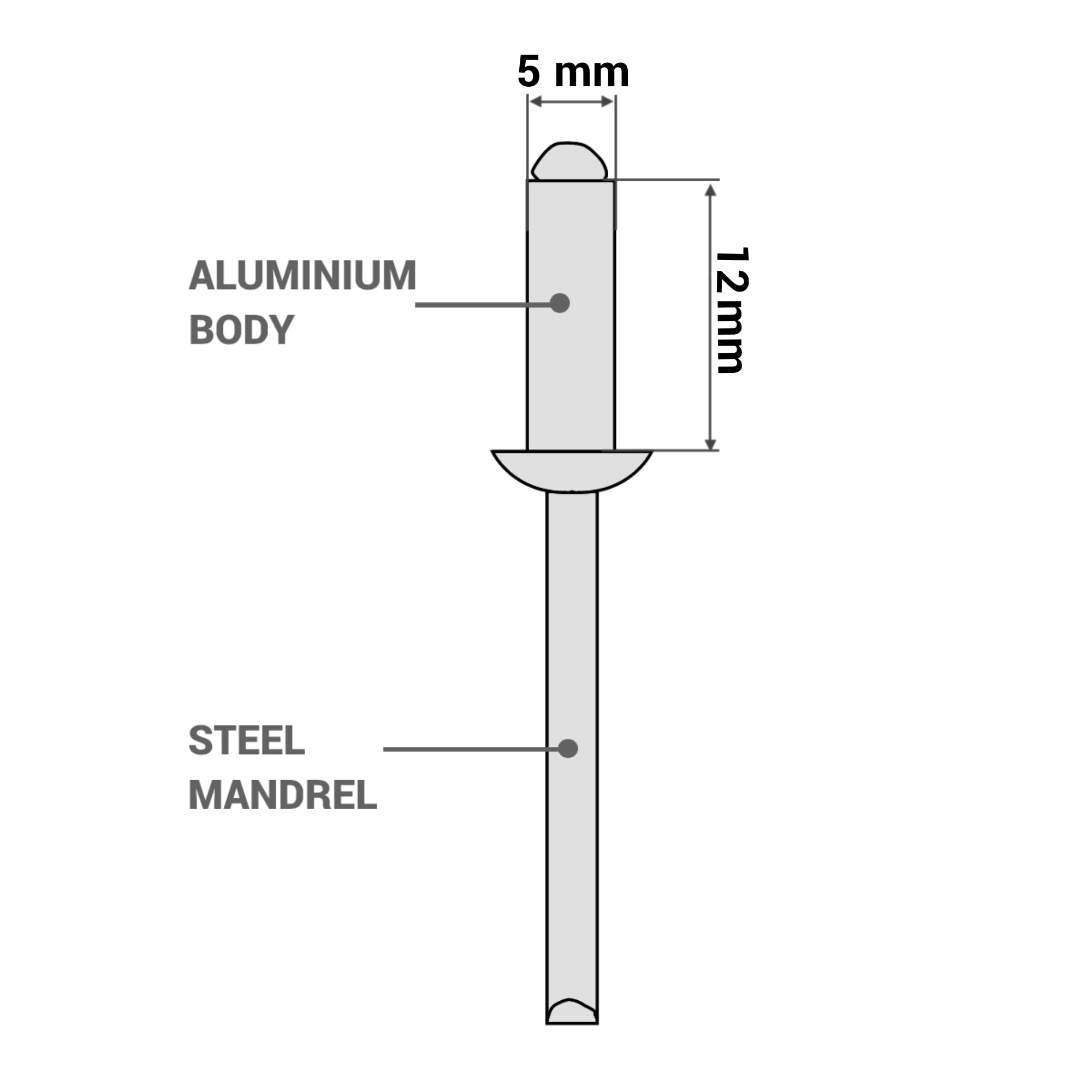 SKIR'CO (700 pcs) Aluminium Blind Rivets 5.0 x 12 mm, Steel Mandrel, Pop Rivets, Dome Head, DIN 7337 Rivets - Image 3