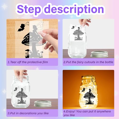 CREATCABIN 24Pcs Fairy Silhouettes Mason Jar Decor Angel Lantern Laser Cutouts Ornaments Mushroom Moon Scrapbook for Frosted Glass Wall Windows Cars DIY Crafts Xmas Black 3.9x3.5Inch(No Sticker) - Image 4