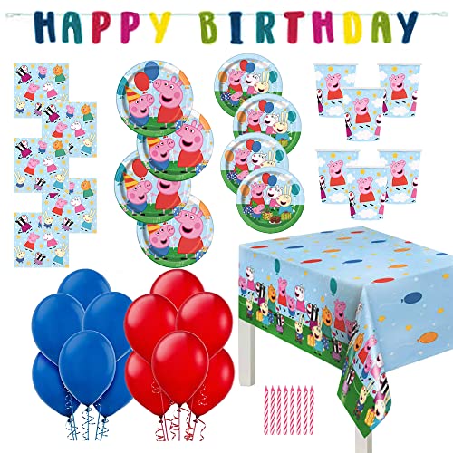 Peppa Pig Birthday Party Supplies Pack For 16: Happy Birthday Banner, Dinner Plates, Dinner Napkins, Dessert Plates, Cups, Tablecover, Candle, Red And Blue Balloons #TOP10