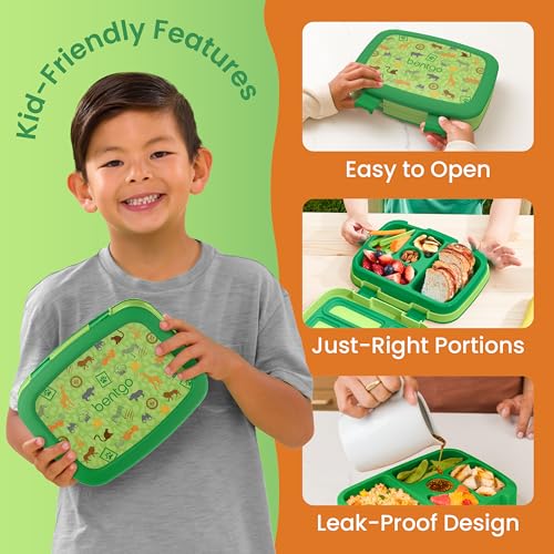 Image of Bentgo Kids Prints Leak-Proof, 5-Compartment Bento-Style Kids Lunch Box - Ideal Portion Sizes for Ages 3-7, Durable, Drop-Proof, Dishwasher Safe, & PFAS & BPA-Free Materials (Safari)