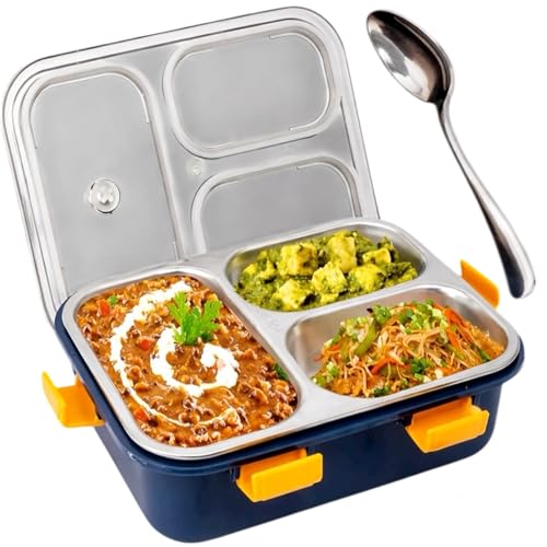 Image of KAVANA Lunch Box 3 Compartment Leak-Proof BPA Free Stainless Steel, Lunch Box for Kids, Lunch Box for School & Office with a Fork, a Spoon (Blue), 750 ml (Dark Blue)
