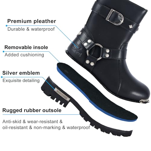 Dream Apparel Women PU Leather Harness Motorcycle Boots for Riding Waterproof Studded Biker Boots with Side Zipper & Buckle, Black Engineer Combat Mid-Calf Footwear2