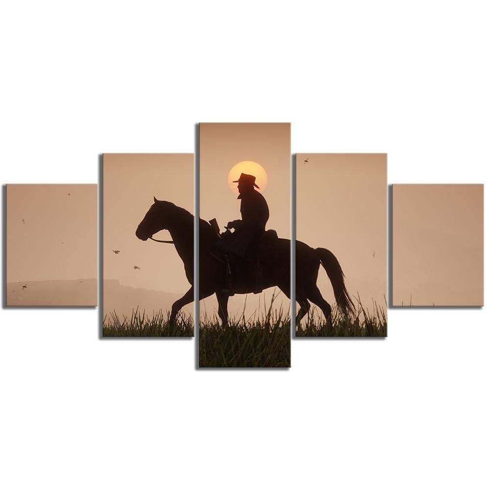 MINCOCO 5 Piece Canvas Paintings Red Dead Redemption 2 Games Poster Gutch's Gang Arthur Morgan Western Games Wall Art for Home Decor, Framed 20X35 20X45 20X55cm